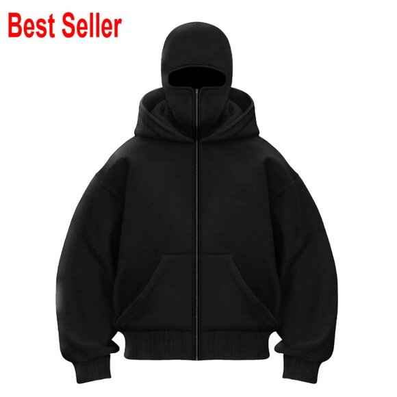 Men's Fleece-Lined Balaclava Hoodie with Zipper Winter Double Layer Hooded